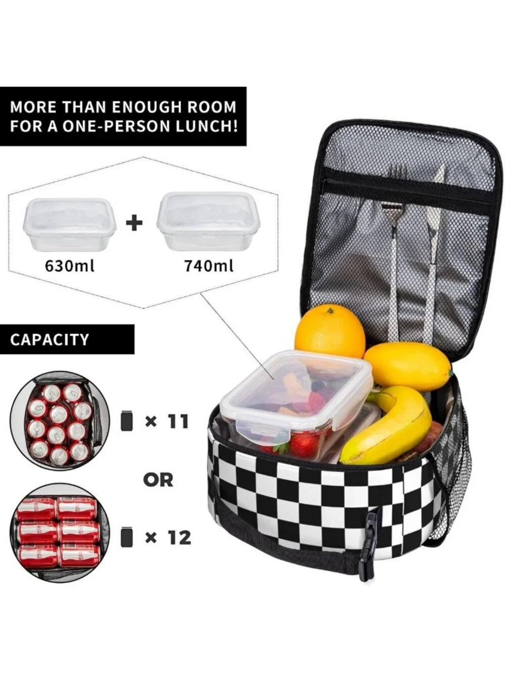Checkered Insulated Lunch Bag | Reusable Cooler Tote | Leakproof Thermal